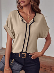 Loose Short Sleeves Striped V-Neck Blouses&Shirts Tops