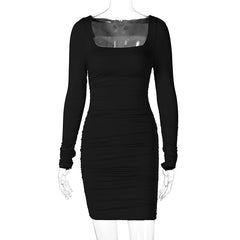 Women Clothes Spring Summer Popular Square Collar Pleated Brushed Long Sleeve Sexy Slim Dress