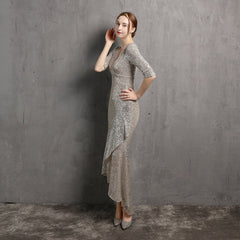 Long Sleeve V-neck Beaded Formal Dress for Wedding Banquet Party