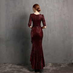 Long Sleeve V-neck Beaded Formal Dress for Wedding Banquet Party