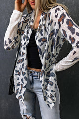 White Leopard Print Casual Open Front Cardigan