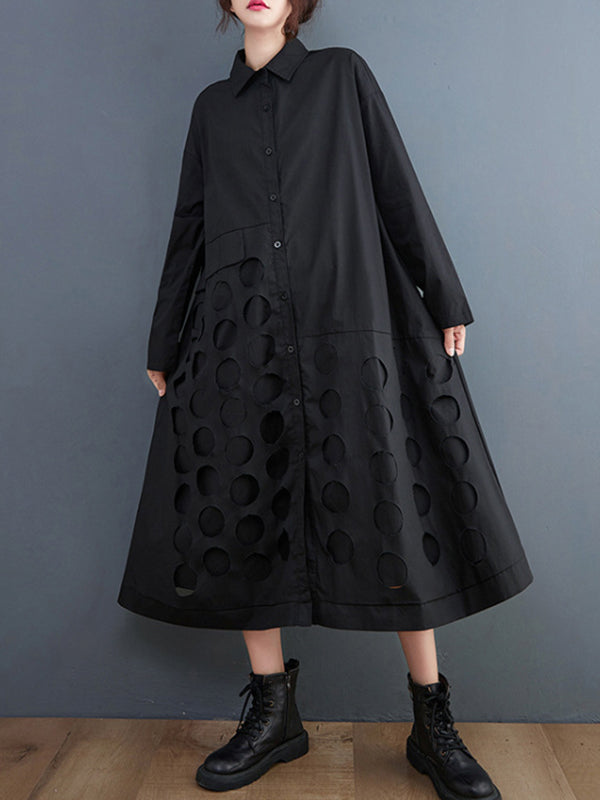 A-Line Long Sleeves Asymmetric Hollow Polka-Dot Solid Color Lapel Midi Dresses