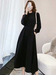 Casual Solid Color Long Sleeves Sweatshirt Dress Midi Dress