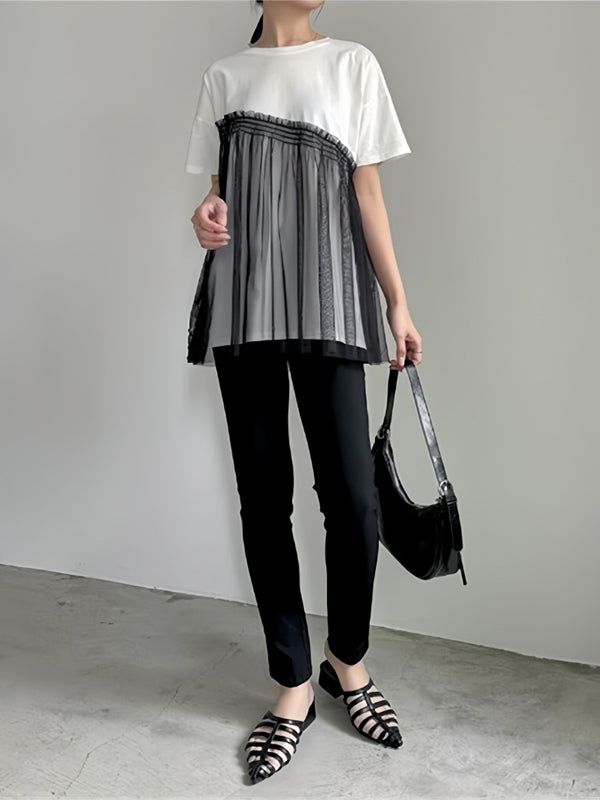 Loose Short Sleeves Asymmetric Mesh Split-Joint Round-Neck T-Shirts Tops