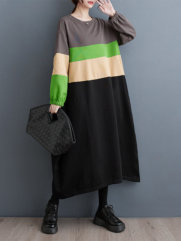 A-Line Long Sleeves Contrast Color Elasticity Split-Joint Round-Neck Midi Dresses