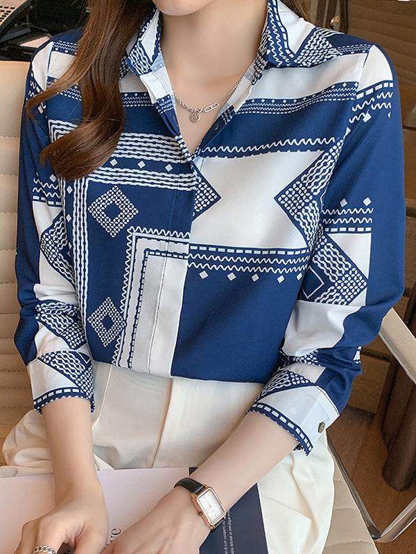 Long Sleeves Loose Buttoned Printed Lapel Blouses&Shirts Tops