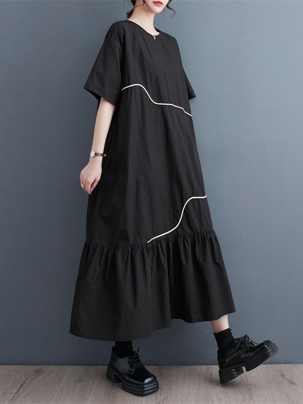 Loose Short Sleeves Pleated Split-Joint Round-Neck Midi Dresses