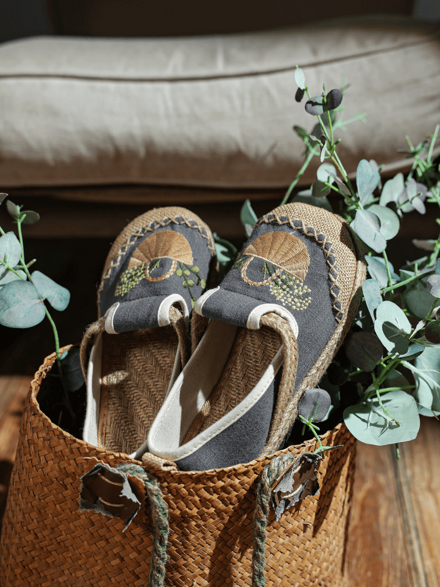 CACTUS ROSE | BASKET EMBROIDERED LINEN ESPADRILLE LOAFER - GREY