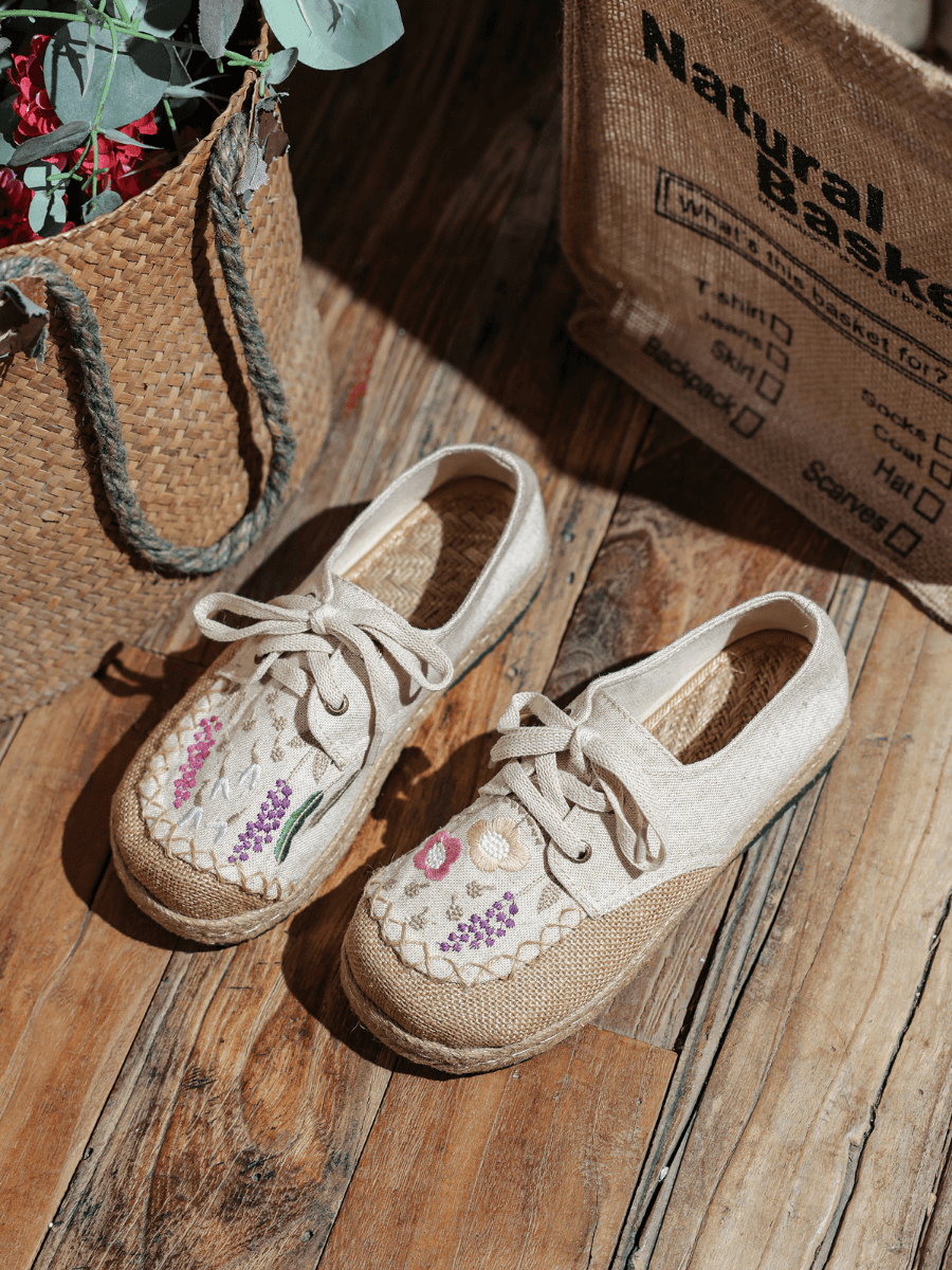 CACTUS ROSE | GARDEN EMBROIDERED LINEN ESPADRILLE SNEAKER - BEIGE