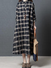 Loose Plaid Plus Size Ramie Cotton Blouse Midi Dresses