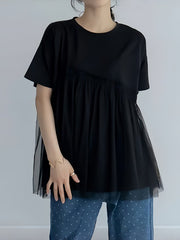 Loose Short Sleeves Asymmetric Mesh Split-Joint Round-Neck T-Shirts Tops