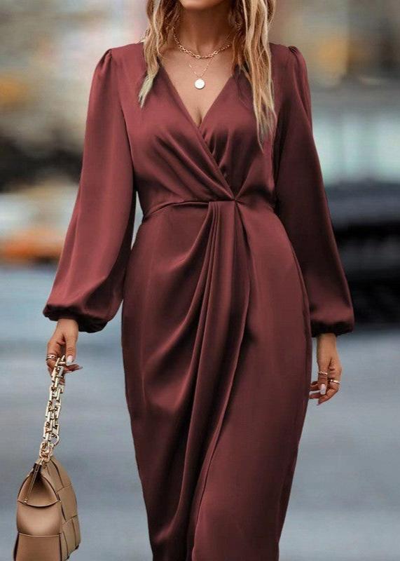 Elegant Wine Red Draped V-Neck Midi Dress