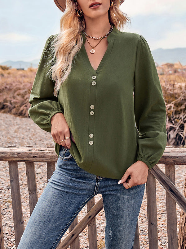 Long Sleeves Loose Buttoned Elasticity V-neck Blouses&shirts Tops