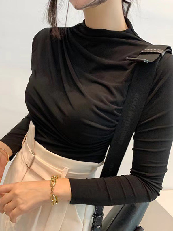 Long Sleeves Skinny Pleated Solid Color Mock Neck T-Shirts Tops