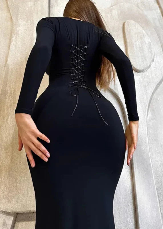 Black Slim-Fit Lace-Up Backless Long-Sleeve Dress