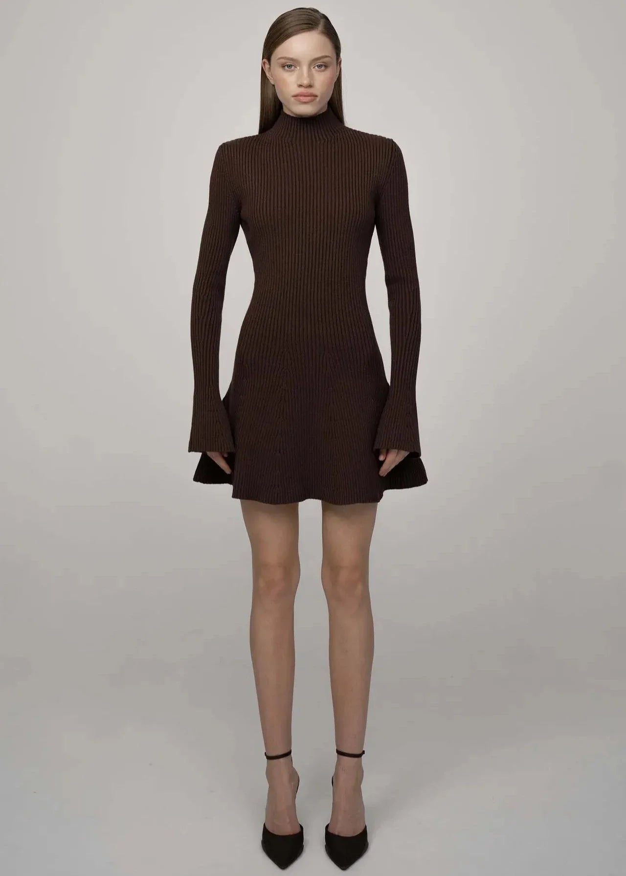 Autumn Chic - Ribbed Knit Turtleneck A-Line Dress