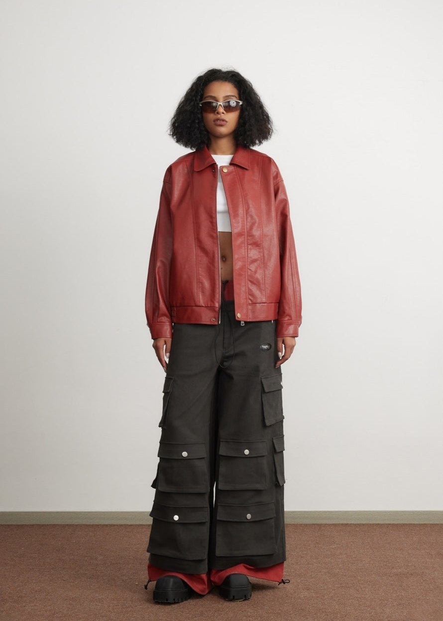 Cropped Red Leather Jacket - Unisex Fashion