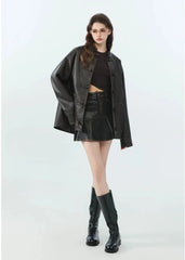 Vintage Loose PU Leather Jacket with Stand Collar