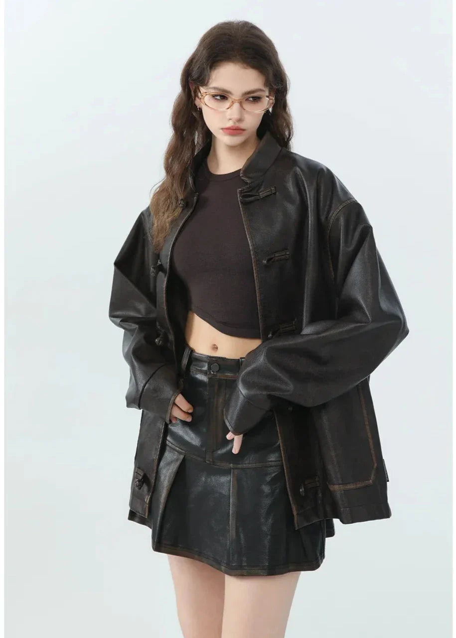 Vintage Loose PU Leather Jacket with Stand Collar