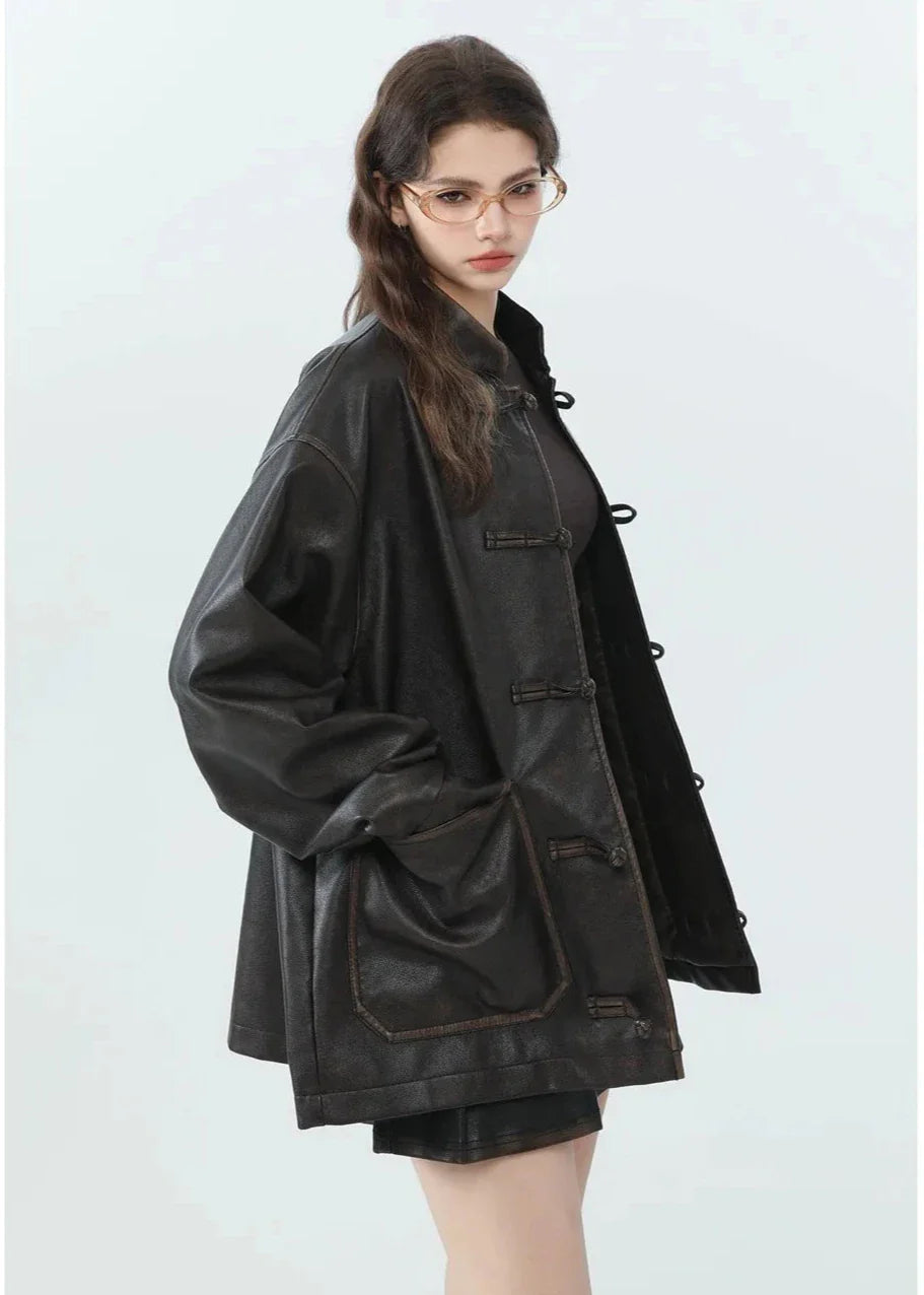 Vintage Loose PU Leather Jacket with Stand Collar