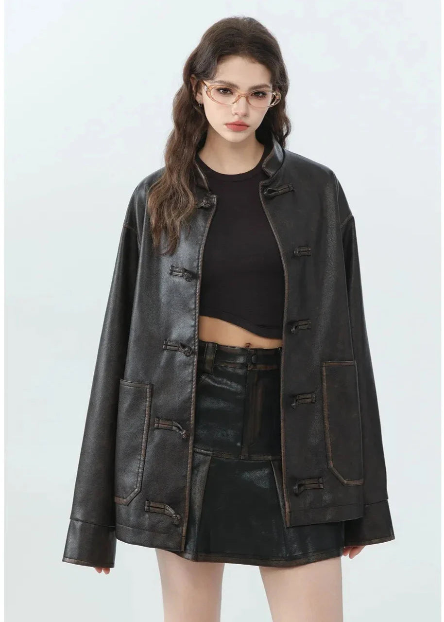 Vintage Loose PU Leather Jacket with Stand Collar