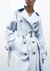 Double-Breasted Blue Long Trench Coat with Belt