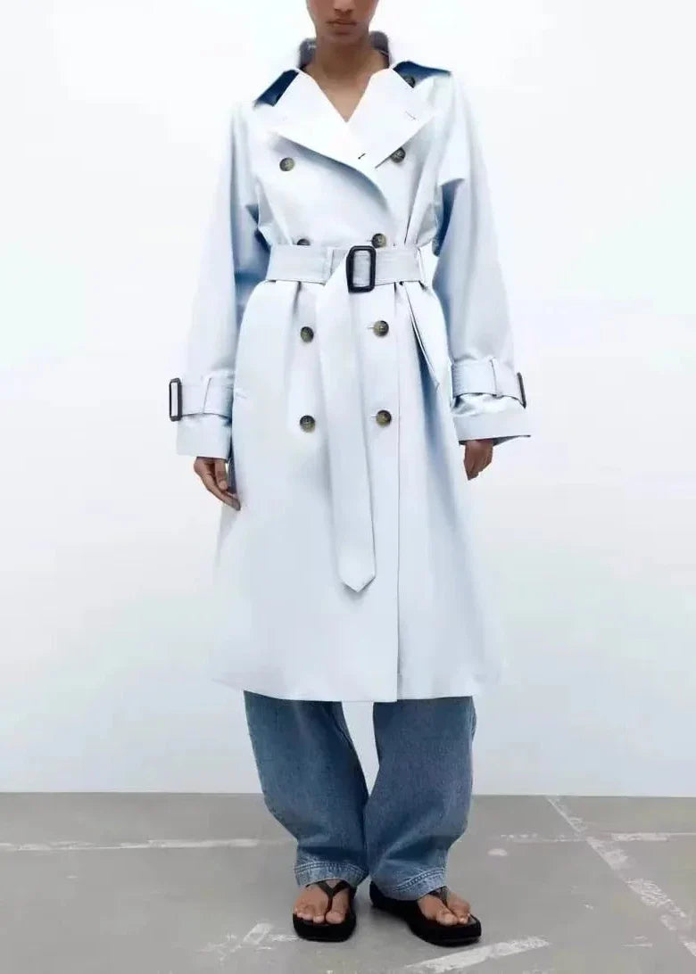 Double-Breasted Blue Long Trench Coat with Belt