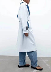 Double-Breasted Blue Long Trench Coat with Belt