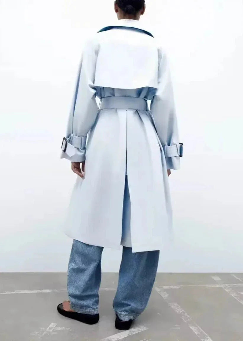 Double-Breasted Blue Long Trench Coat with Belt