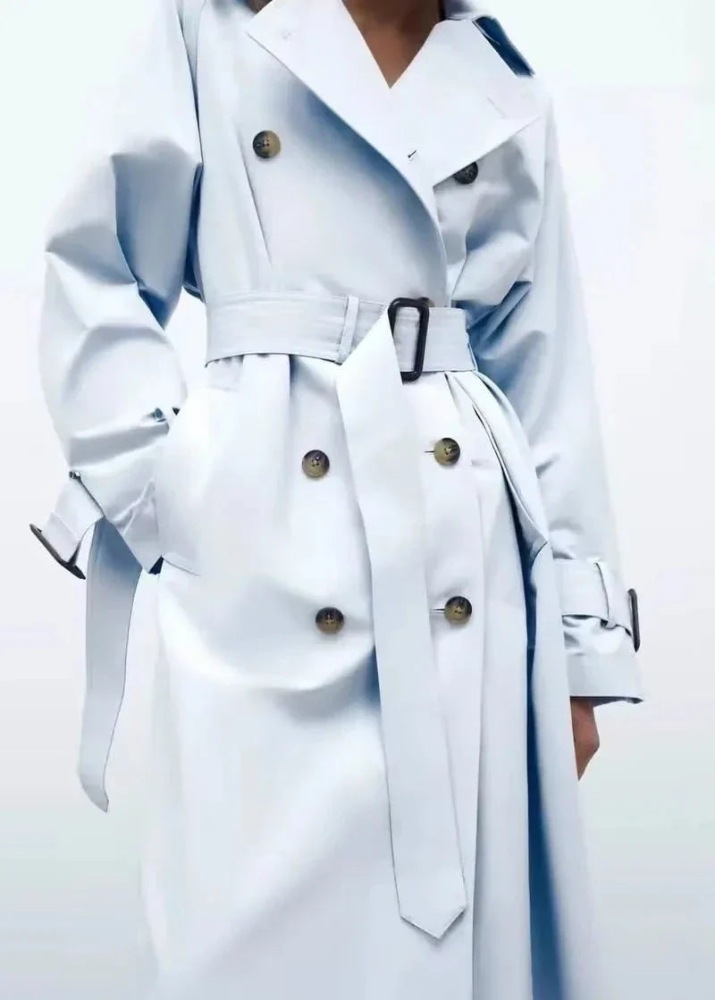 Double-Breasted Blue Long Trench Coat with Belt