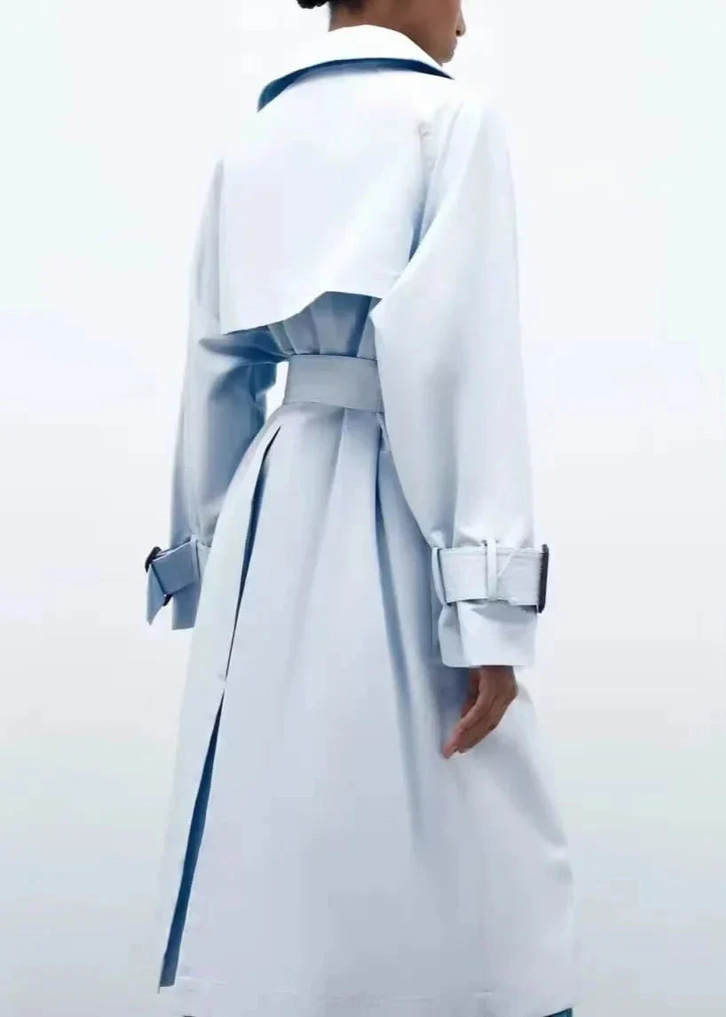 Double-Breasted Blue Long Trench Coat with Belt