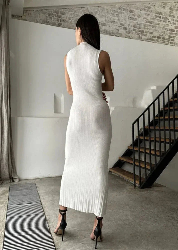 Ivory Ribbed Sleeveless Midi Dress