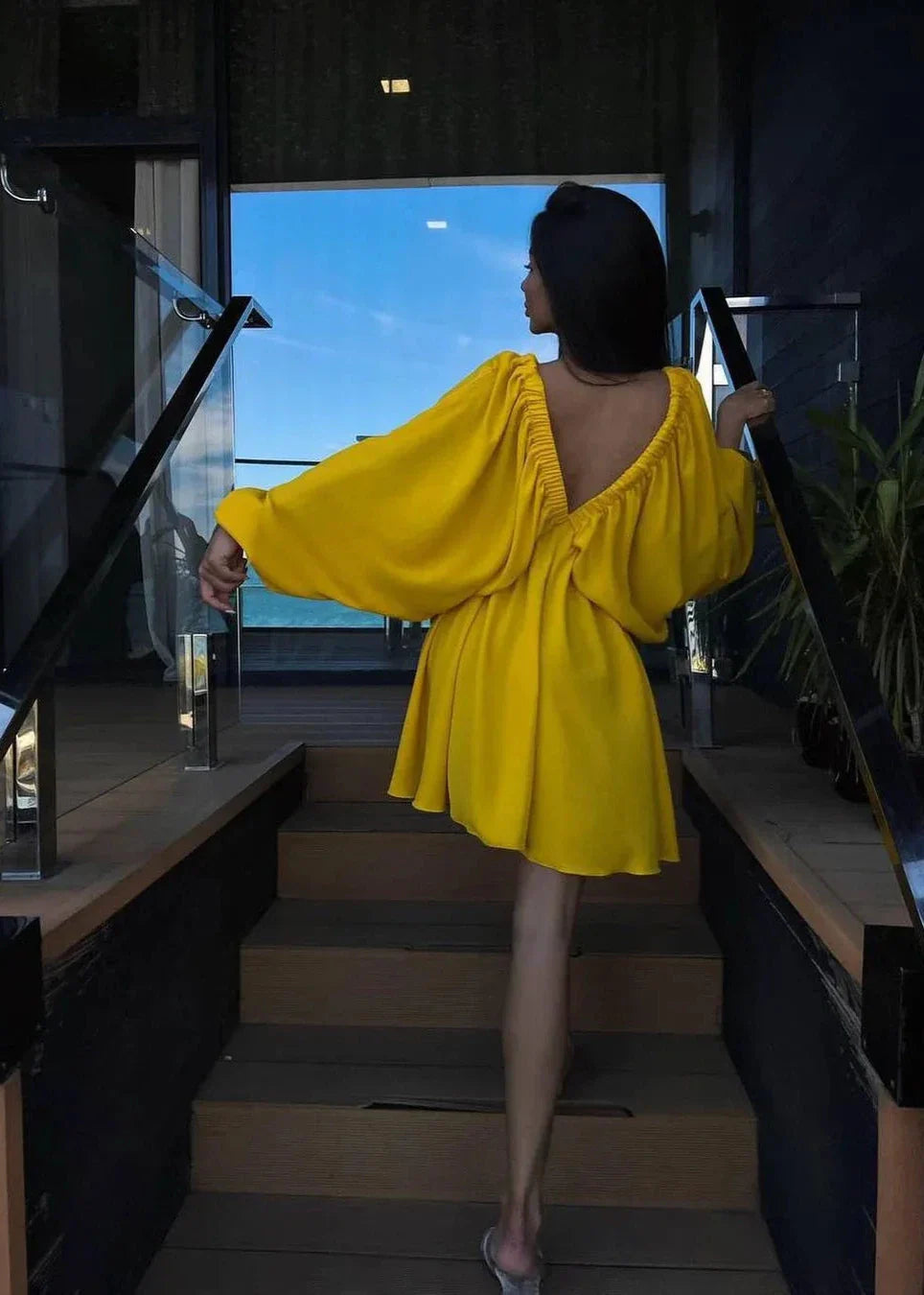 Elegant V-Neck Lantern Sleeve Dress