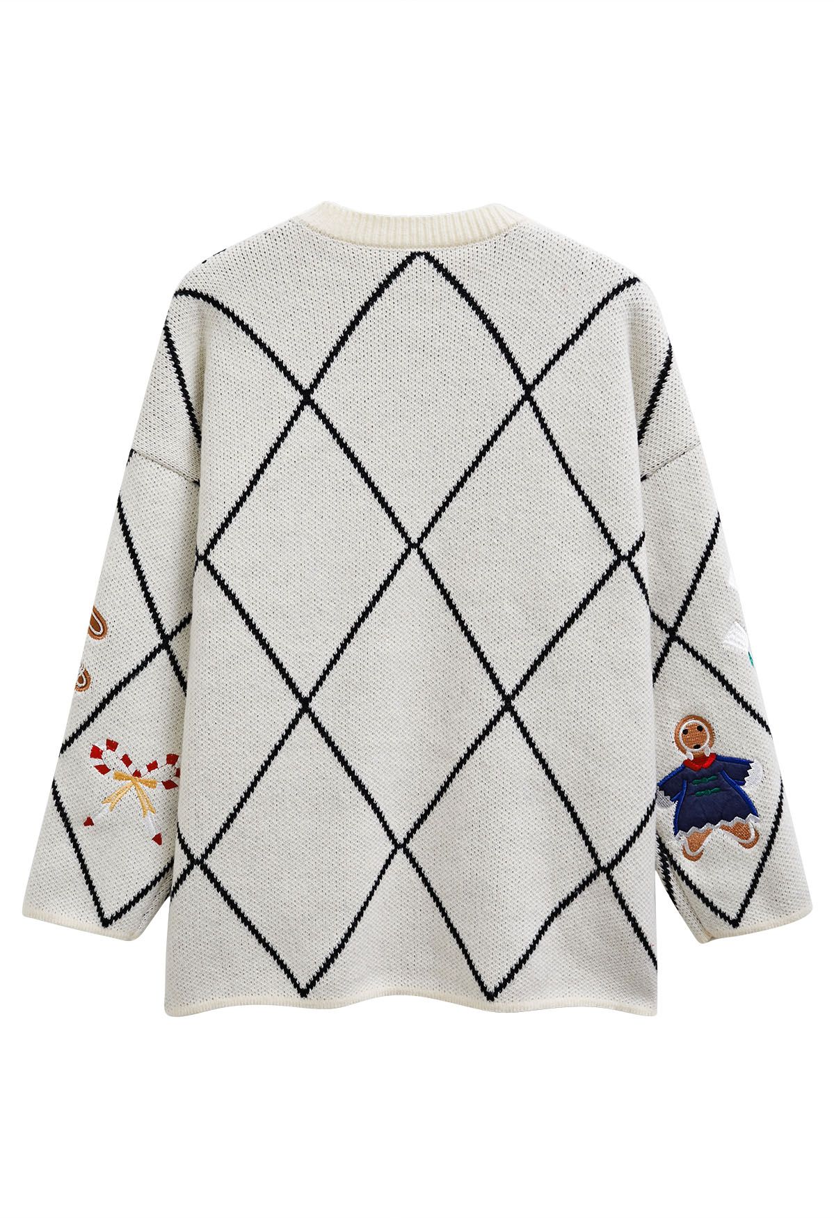 Cheer Christmas Gingerbread Buttoned Knit Cardigan In White