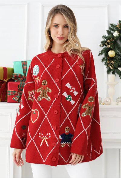 Cheer Christmas Gingerbread Buttoned Knit Cardigan In White