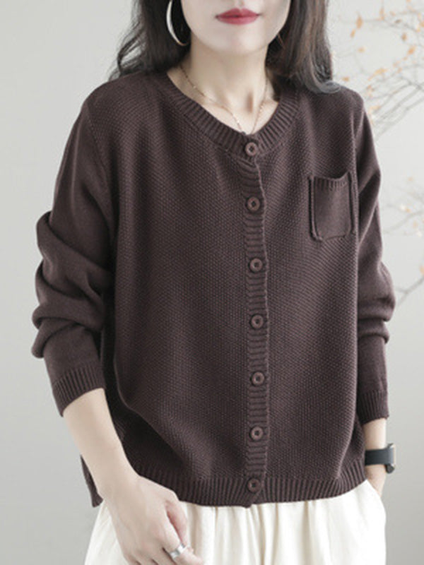 Simple Loose Long Sleeves Buttoned Solid Color Round-Neck Cardigan Tops