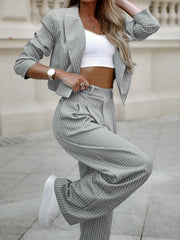 Loose Split-Joint Striped Lapel Jacket Outer + Straight Leg Pleated Suit Pants Two Pieces Set