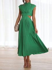 Cap Sleeve Belly-Hollow Pleated Solid Color Stand Collar Maxi Dresses