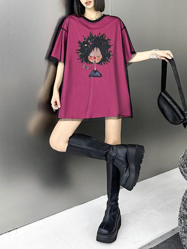 False Two Loose Gauze Printed Split-Joint Tiered Round-Neck T-Shirts Tops