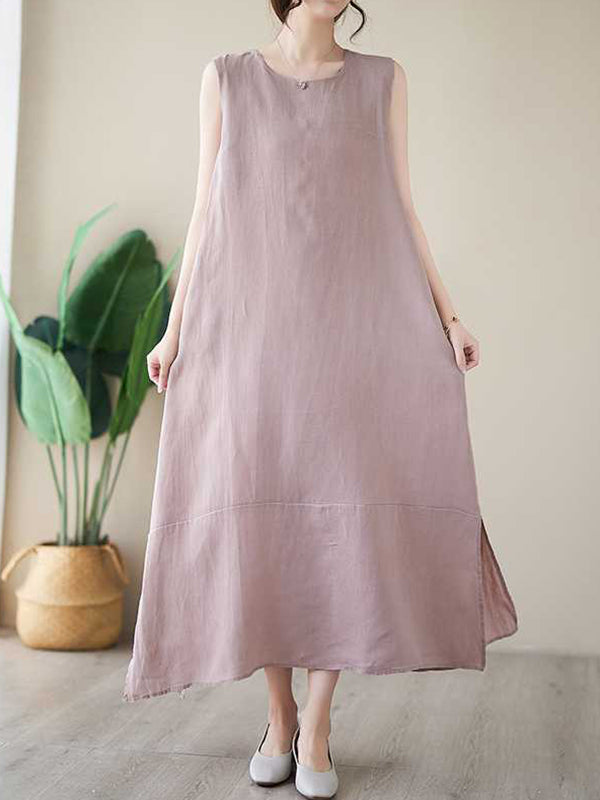 A-Line Loose Solid Color Round-Neck Midi Dresses