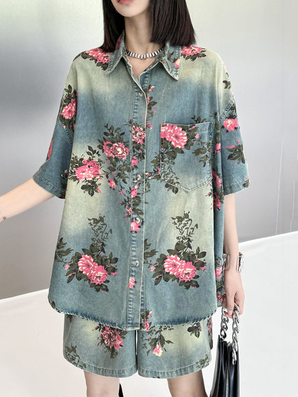 High-Low Loose Floral Printed Split-Joint Lapel Blouses&Shirts Tops