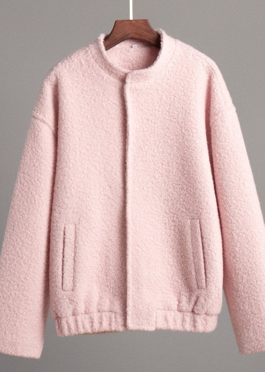 Cozy Pink Drop Shoulder Stand Collar Jacket