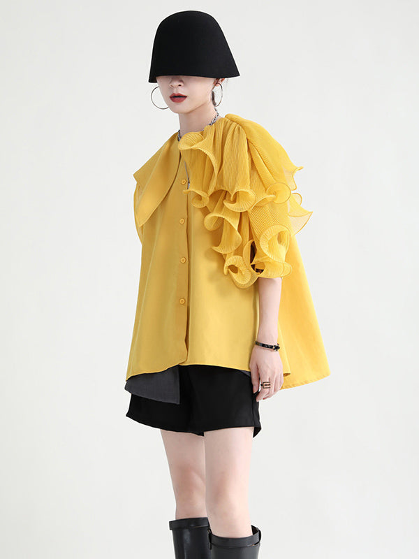 Stylish Asymmetric Split-Joint Falbala With Belted Half Sleeves Blouses