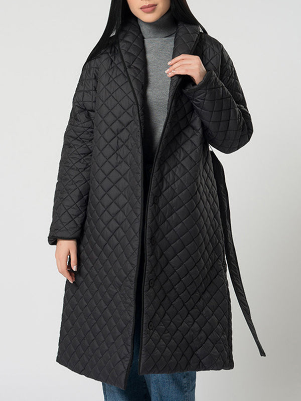 Long Sleeves Loose Rhombic Solid Color Tied Waist Lapel Padded Coat