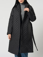 Long Sleeves Loose Rhombic Solid Color Tied Waist Lapel Padded Coat