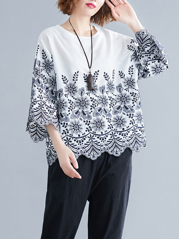 Loose Three-Quarter Sleeves Hollow Print Round-Neck Blouses&Shirts Tops