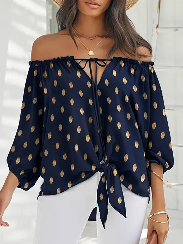 Simple Long Sleeves Loose Drawstring Printed Off-The-Shoulder Blouses&Shirts Tops