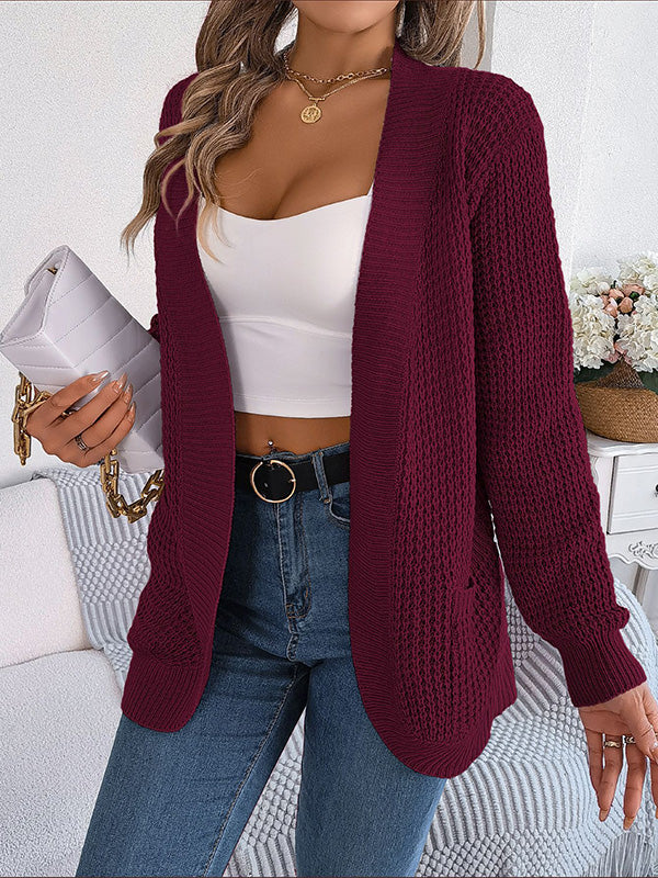 Long Sleeves Loose Pockets Solid Color Collarless Cardigan Tops