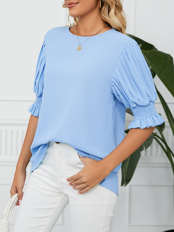 Loose Puff Sleeves Pleated Solid Color Round-Neck T-Shirts Tops