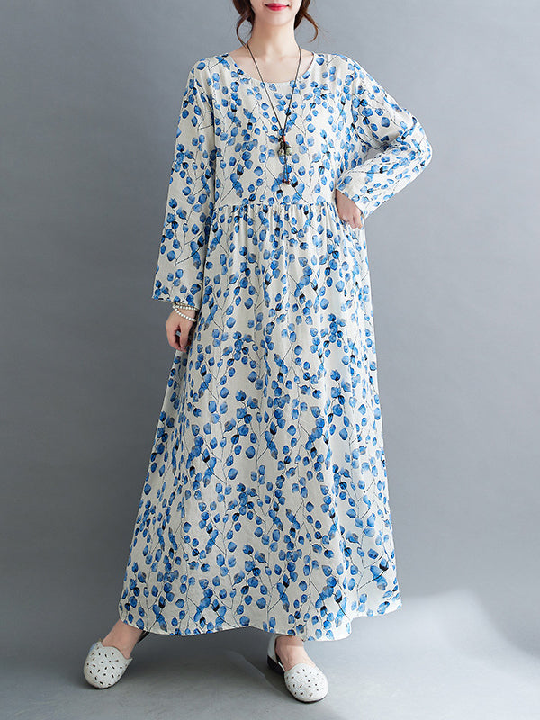 Long Sleeves Loose Flower Print Split-Joint Round-Neck Midi Dresses